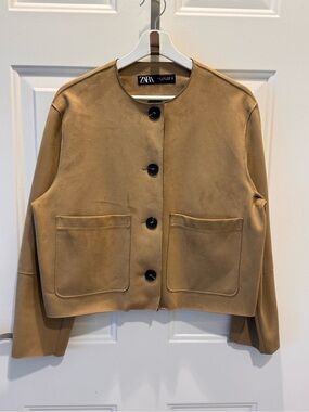 Zara Camel Cropped Round-Neck Button Jacket